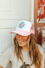 Load image into Gallery viewer, Aztec Bucking Bronco Patch Trucker HatPink &amp; WhiteOS
