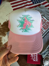 Load image into Gallery viewer, Aztec Bucking Bronco Patch Trucker HatPink &amp; WhiteOS
