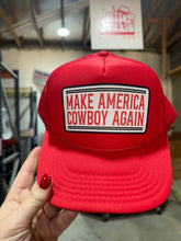 Load image into Gallery viewer, Make America Cowboy Again Banner Trucker HatRedOS
