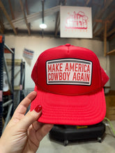 Load image into Gallery viewer, Make America Cowboy Again Banner Trucker HatRedOS
